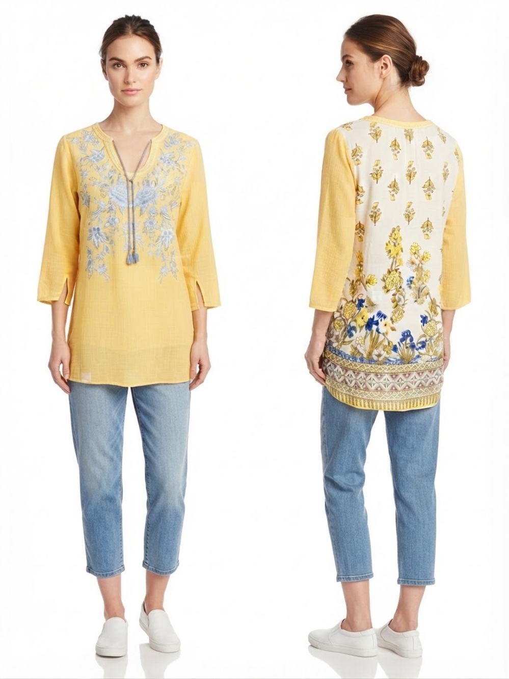 Paparazzi by Biz Yellow Boho Embroidered Tassel Tunic Blouse Size Medium